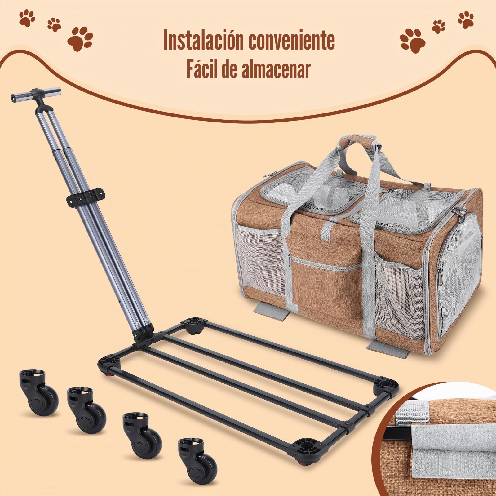 Transportín para gatos con ruedas para 2 gatos, plegable con ruedas para 2 gatos y perros pequeños, transpirable, perfecto para viajes, senderismo, camping, visitas veterinarias, color marrón