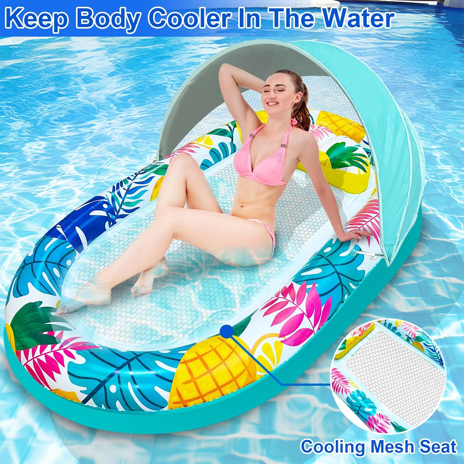 [Extra Large] Pool Floats Lounger Adult with Canopy, 70"x37" Inflatable Tanning Sofa Pool Floats with Headrest Adjustable Sun Shade Floats Hawaiian Luau Swimming Raft Floating for Lake, Beach, Party