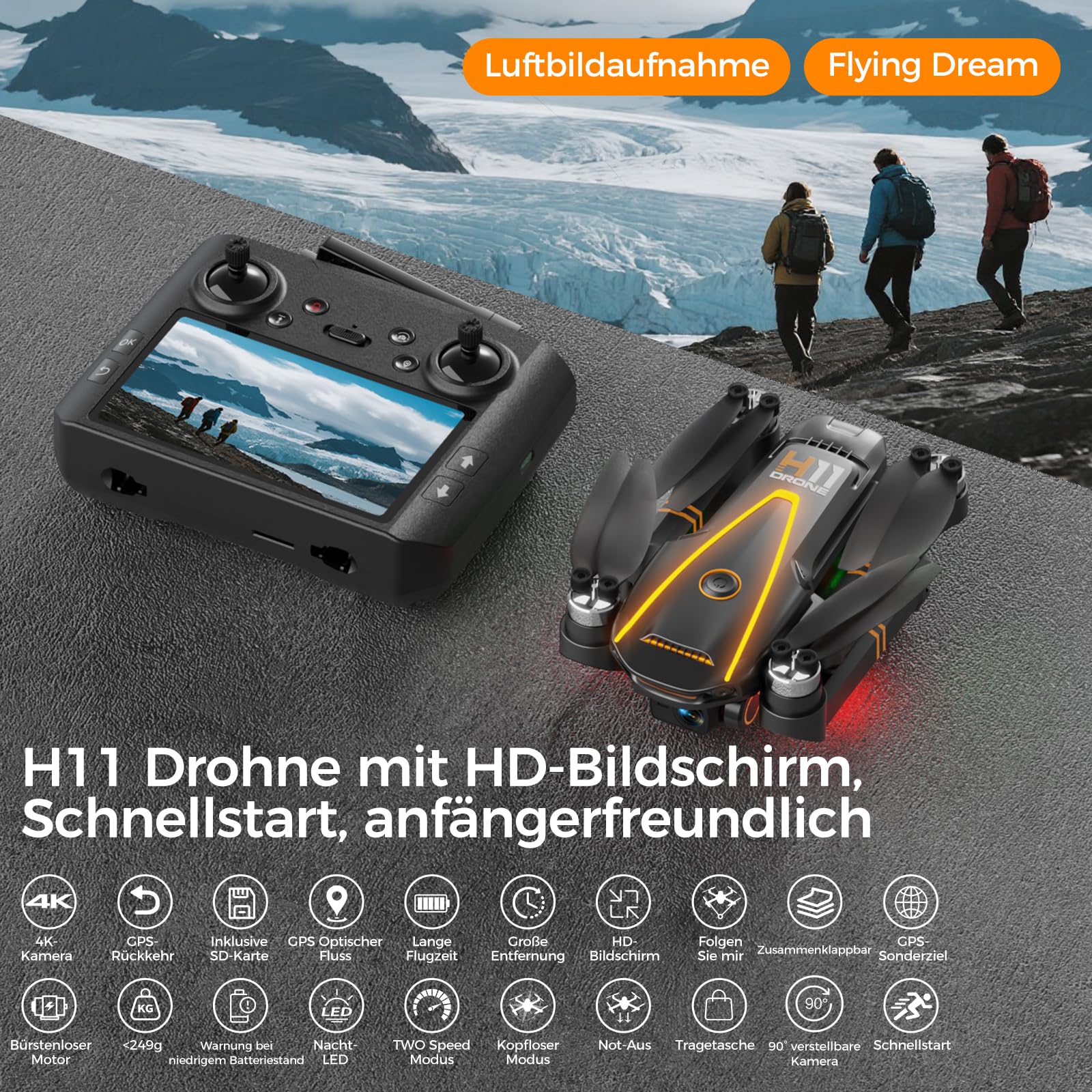 GPS Drohne mit kamera 4K für Erwachsene und Kinder (Bildschirmfernsteuerung)Drone die dir folgt,Zwei Intelligente Akkus,2 Stück Batterien Lange Flugzeit,Auto Rückkehr,Bürstenloser Motor,Unter 249g,C0