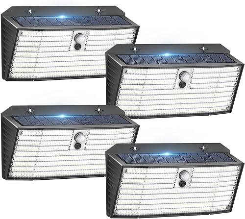Luces solares mejoradas para exteriores, paquete de 4 418 luces LED con sensor de movimiento, luces de seguridad de 3 modos, luz de pared
