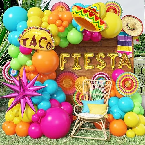 Kit de arco de globos de fiesta, 100 piezas de decoraciones de fiesta mexicana con globos de aluminio con sombrero de llama, guirnalda de globos de