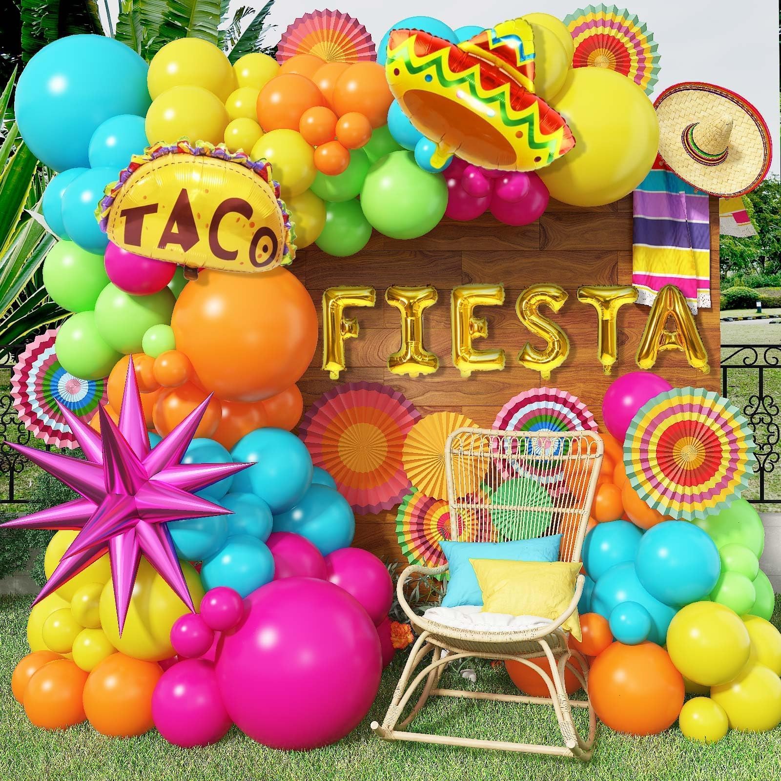 Fiesta Zestaw łuku balonowego, 100 szt. meksykańskiej fiesty, dekoracje imprezowe z balonami foliowymi z lamą Sombrero, tęczowa girlanda balonowa, do Cinco De Mayo, Taco, na dwa dni, urodziny,