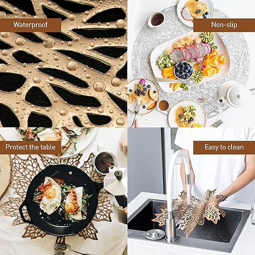 Miniatura 7 de Juego de 4 manteles individuales redondos de plata para mesa de cena, de vinilo prensado, resistente al calor, decoración de mesa para mesa de boda,