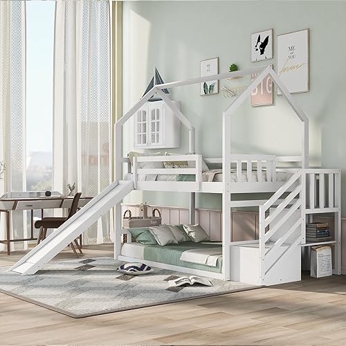 Morhome Escalera de casa con litera individual sobre matrimonial con tobogán convertible y escalera de almacenamiento para niños adolescentes