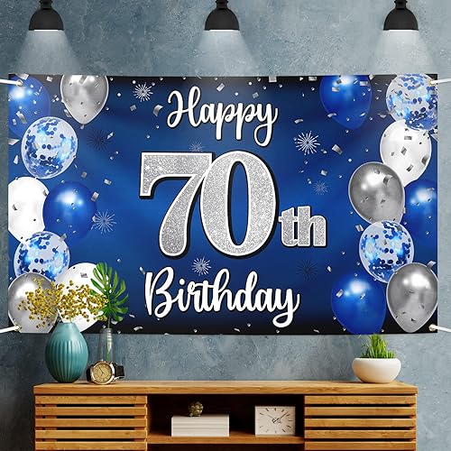 Miniatura 5 de Decoraciones de feliz cumpleaños 70, cartel grande de globo azul y plateado de cumpleaños número 70, suministros para fiesta de cumpleaños de 70