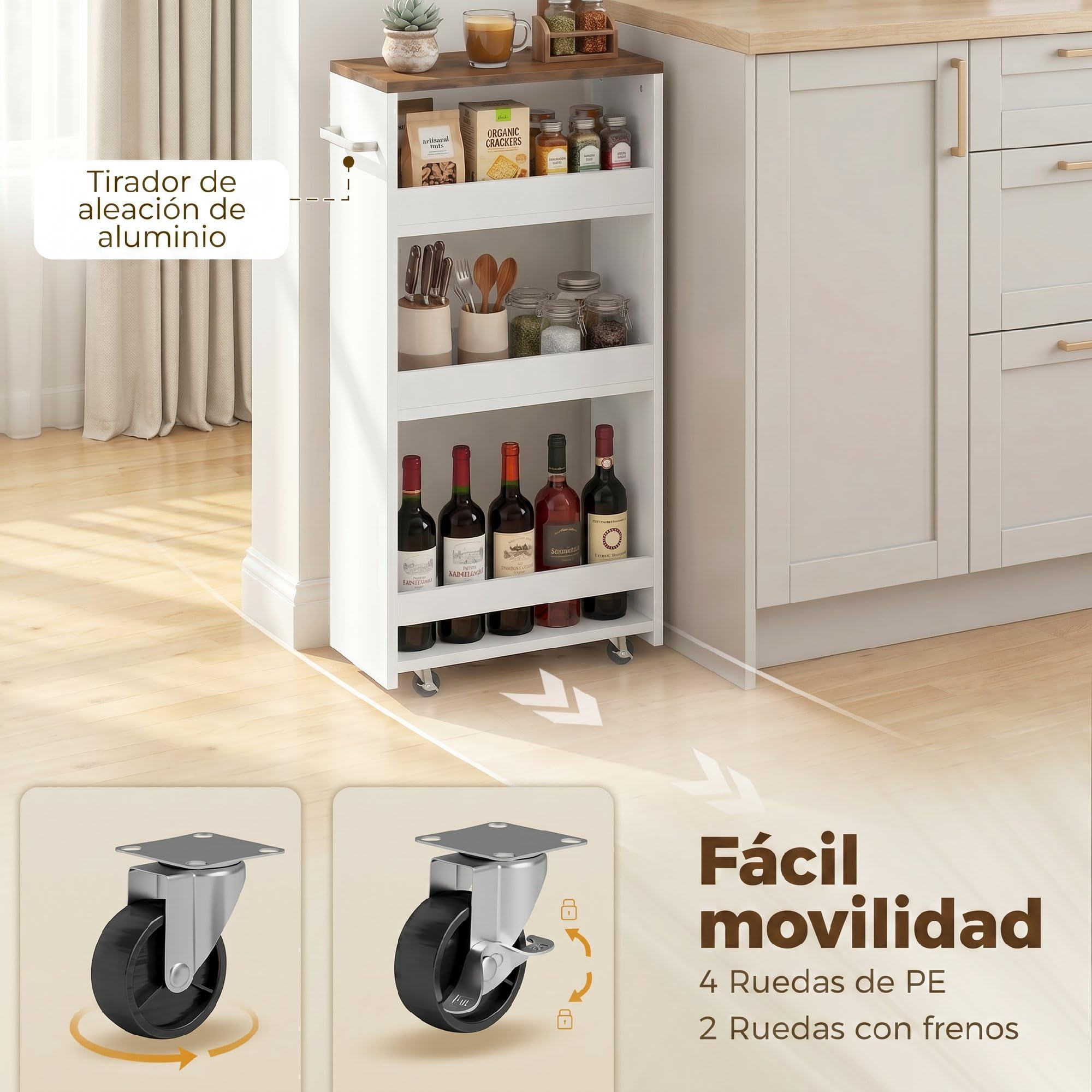 HOMCOM Carrito de Cocina Estrecho 3 Niveles con Ruedas 40x20x84 cm Blanco | Asa Lateral, Carro de Cocina Rodante, para Espacios Reducidos, Comedor o Salón