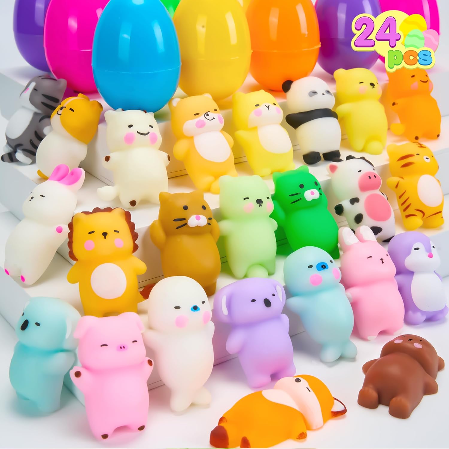 JOYIN 24 Pcs Easter Prefilled Eggs with Mochi Squishy Toys, Lovely Animal Stress Reliever Squishy Toy for Easter Theme Egg Hunt, Kids Party Favor, Basket Stuffers Filler, Classroom Prize Supplies