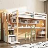 Bunk Bed for Kids, 3ft Wood Bed with Large Desk and Shelves, Children's Loft Bed with Storage Stairs, Slatted Frame, WhiteNatural, 90x190 cm No Mattress