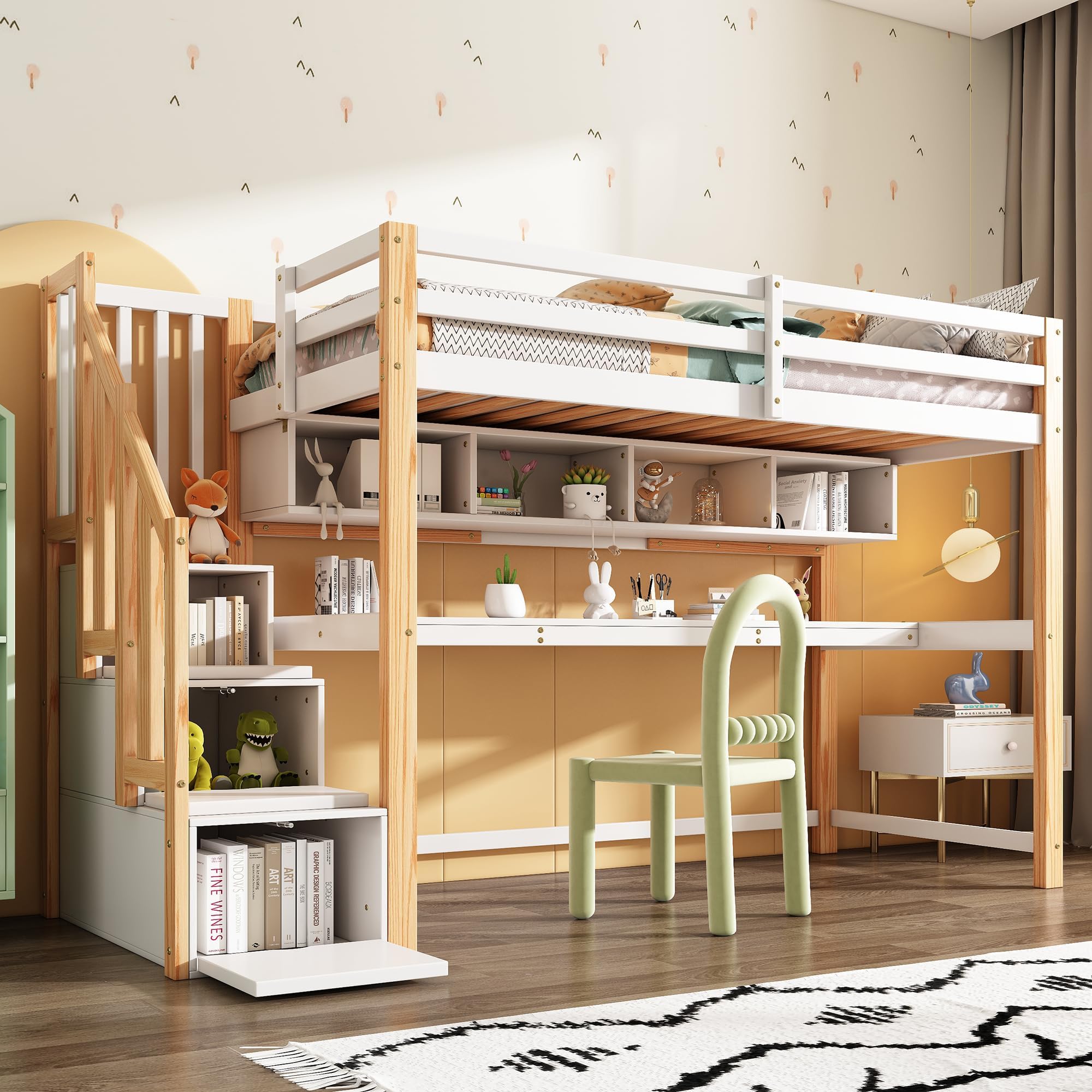 3ft Single High Sleeper Bed with Desk and Storage Stairs, Wooden Loft Bed with Shelves and Slatted Base, White (No Mattress)