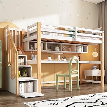 Miyemo Bunk Bed for Kids, 3ft Loft Bed with Storage Stairs & Slatted, High Sleeper Bed with Desk & Shelves, Pine Wood, 90x190cm, White+Natural, No Mattress