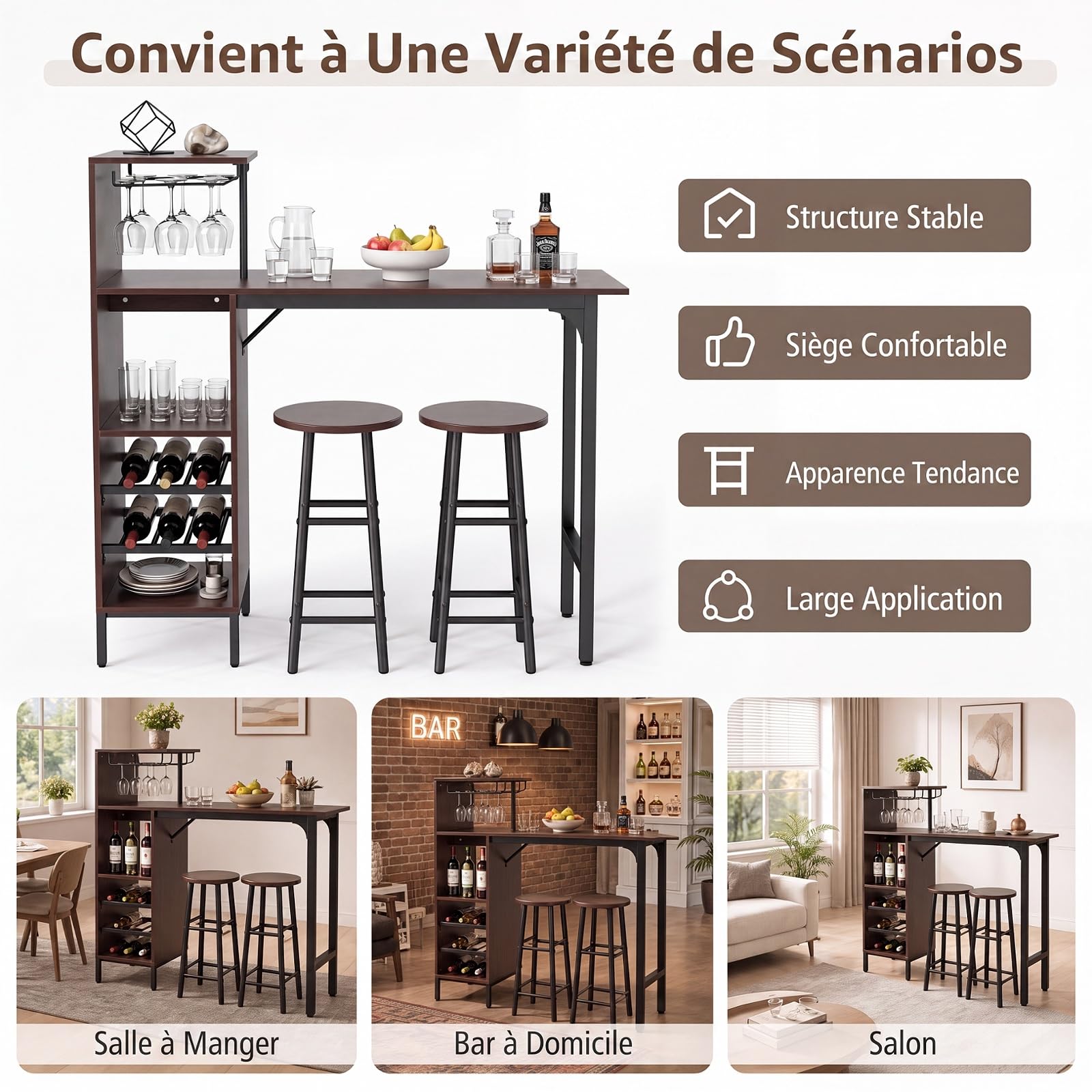 RELAX4LIFE Table Haute avec Tabouret, Mange Debout avec Porte-Verre, Porte-Bouteille, Étagères, Petite Table Bar Industrielle pour Cuisine Bistro Salle à Manger (Café)