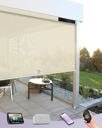 Graywind Persianas enrollables motorizadas para exterior para patio compatibles con Alexa Google, cortinas solares inteligentes para exteriores,
