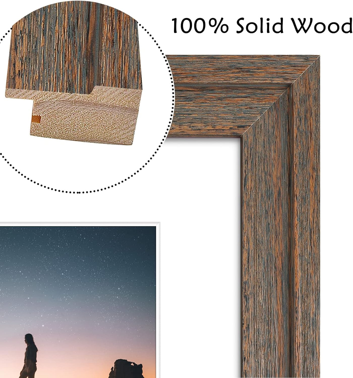 Golden State Art, 16x20 Picture Frame - Displays 11x14 Photo with Mat or 16x20 Without Mat, Wide Moulding Solid Wood Frame for Wall Display, Distressed Brown - Image 5