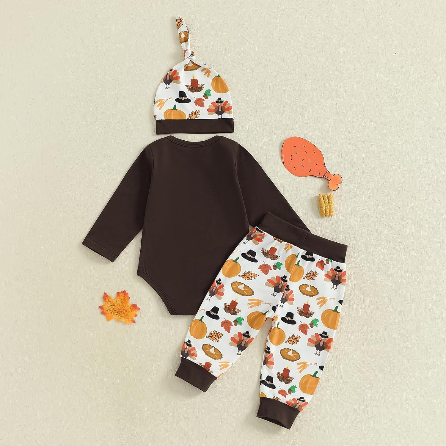 My 1st Thanksgiving Baby Boy Outfit Turkey Print Long Sleeve Romper Elastic Waist Pants Hat Set 3 Piece Fall Clothes - Image 5