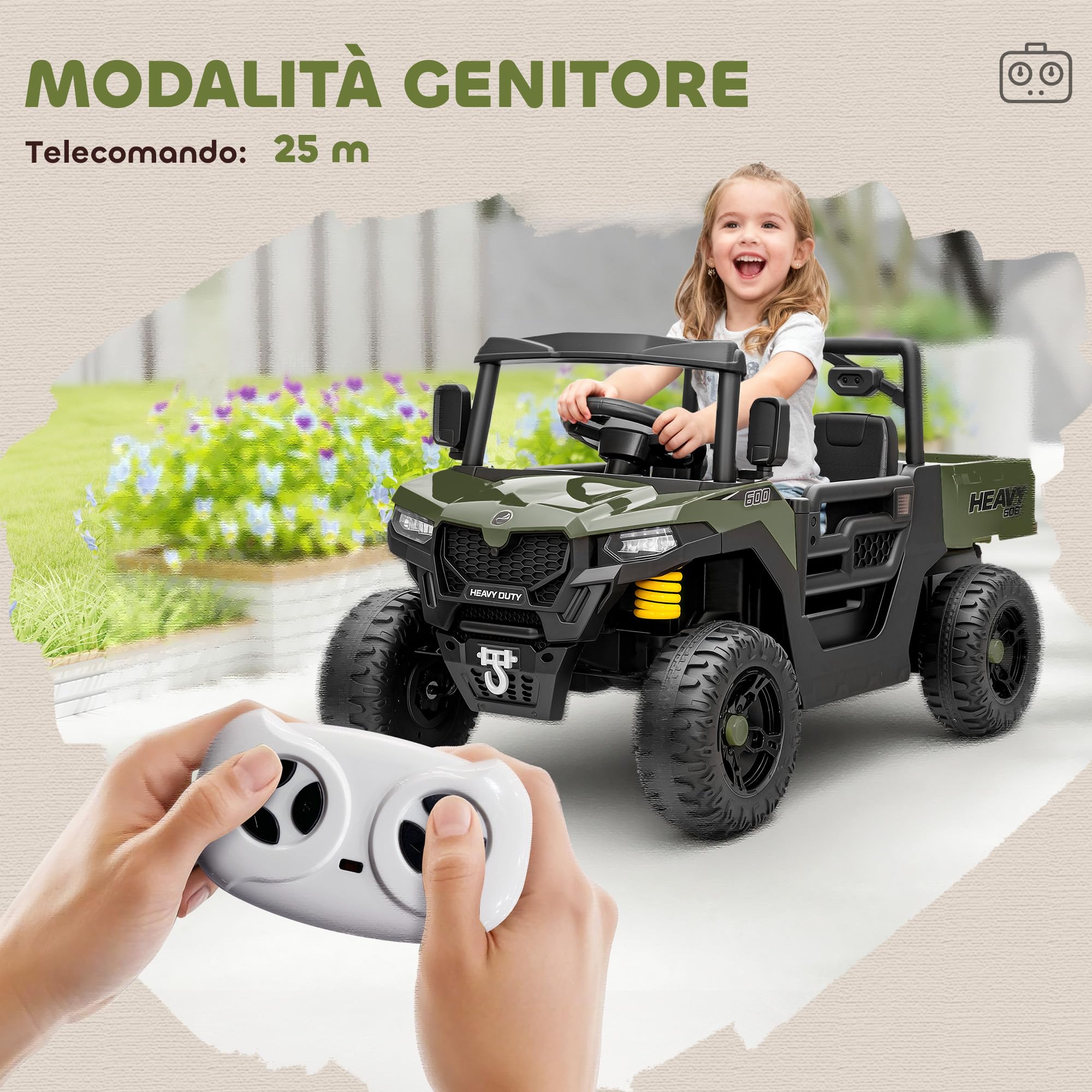 AIYAPLAY Macchina Elettrica per Bambini UTV 12V Fuoristrada Auto per Bambini con Bagagliaio, 2 Motori, Cintura 3 Punti, Telecomando, Sospensioni, USB, Musica, Luci, 1.8-3.7 km/h, 3-8 Anni, Verde
