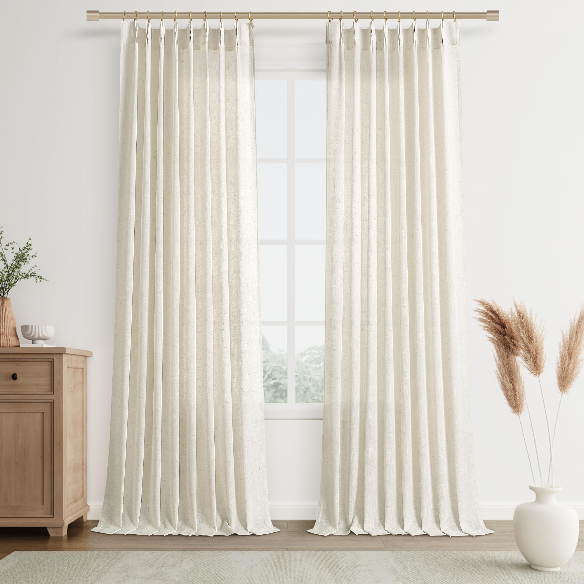 Joywell Linen Pinch Pleated Window Curtains 102 Inch Long,Back Tab Clip Rings Semi Sheer Light Filtering Drapes with Hooks for Bedroom Living Room Decor,W50 x L102,Natural Beige,2 Panels