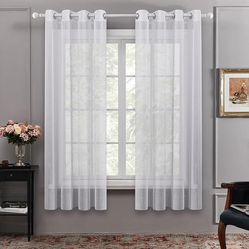 Deconovo Fényáteresztő Függöny Karikás Felfüggesztéssel - Len Hatású Fehér Voile Függönypár Gyerekszobába, 215x140 cm, 2 db