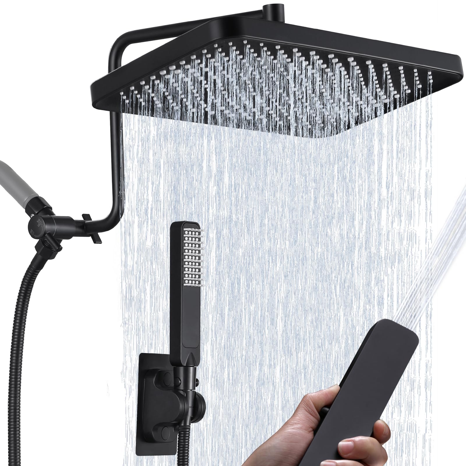 Mattschwarzer Duschkopf Mit Handbrause – Quadratischer Regenduschkopf 15 Cm & 3-Funktionen-Handheld
