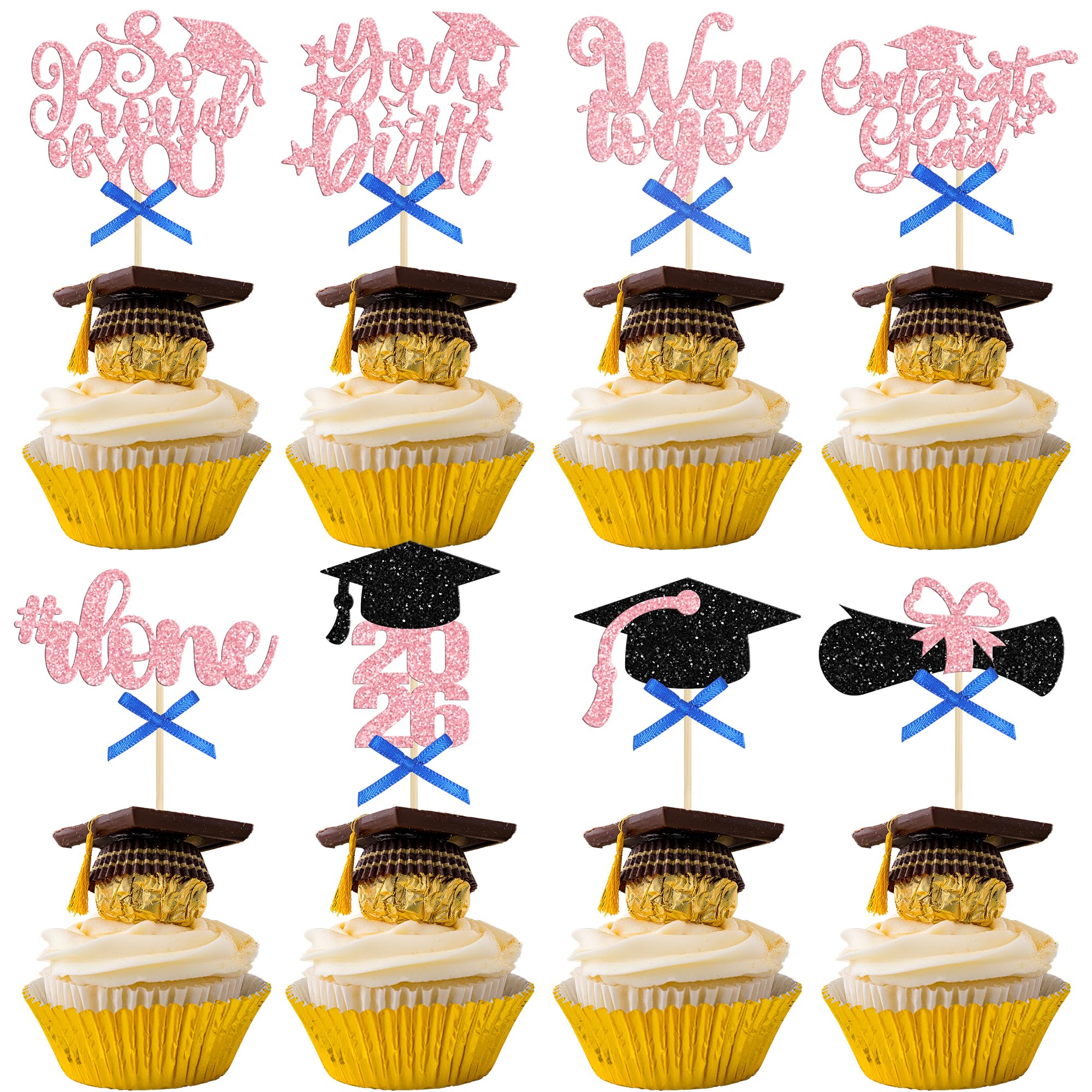 Gyufise 32Pcs Graduation Cupcake Toppers 2026 Glitter Class of 2026 Cupcake Toppers Supplies Congrats Grad Cap Diploma 2026 Cupcake Picks for