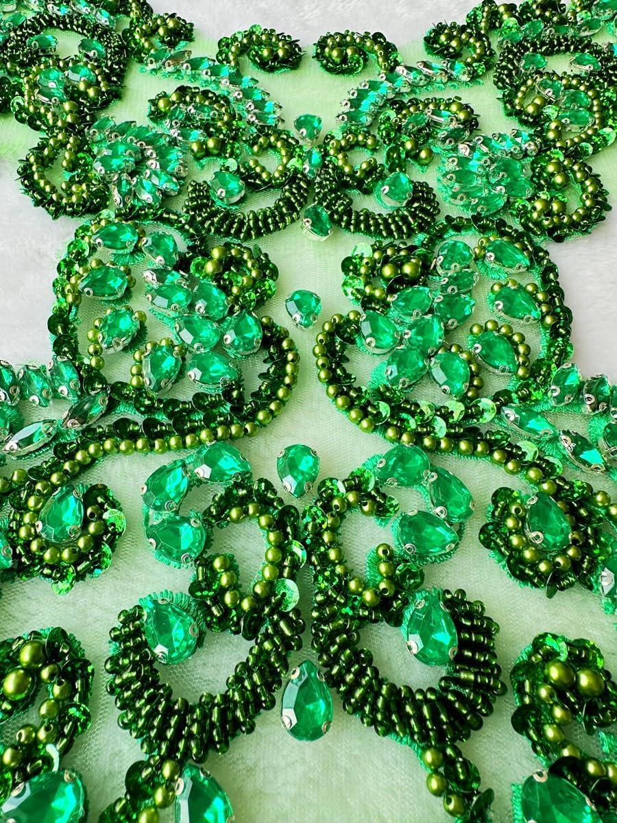 Handmade Rhinestones lace Trim Patches handsewing Beads Applique for Dress DIY Accessories 13.7X21.2inches (Light Green)