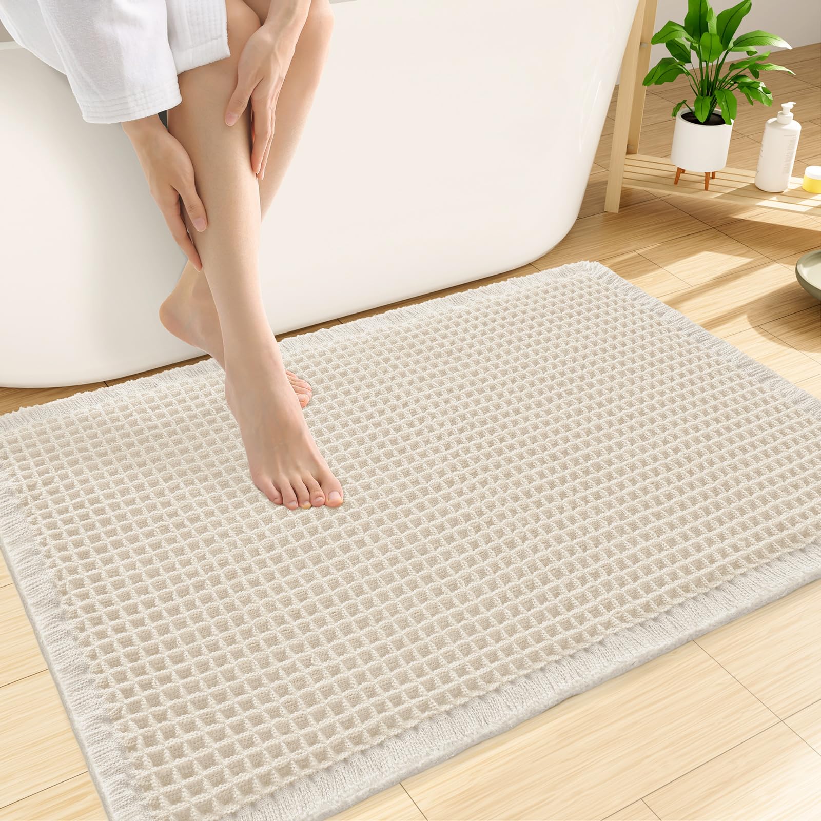 Smiry Waffle Bath Mat 30X20, Soft Absorbent Bathroom Rugs, Cream Beige