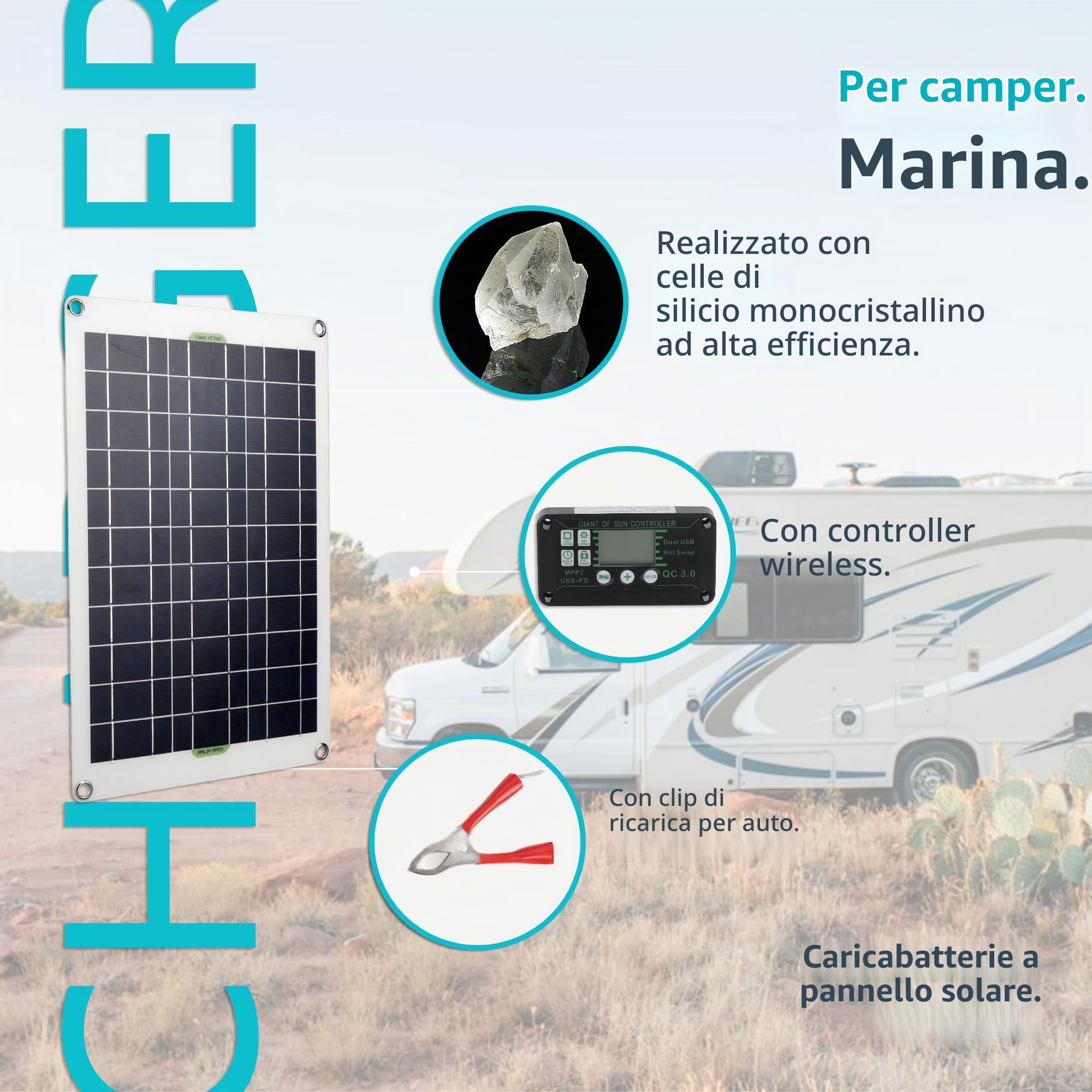 Kit pannello solare 50 W 12 V, caricabatterie per batteria solare monocristallino in silicio 30 A regolatore di carica Kit pannello solare per barca, moto