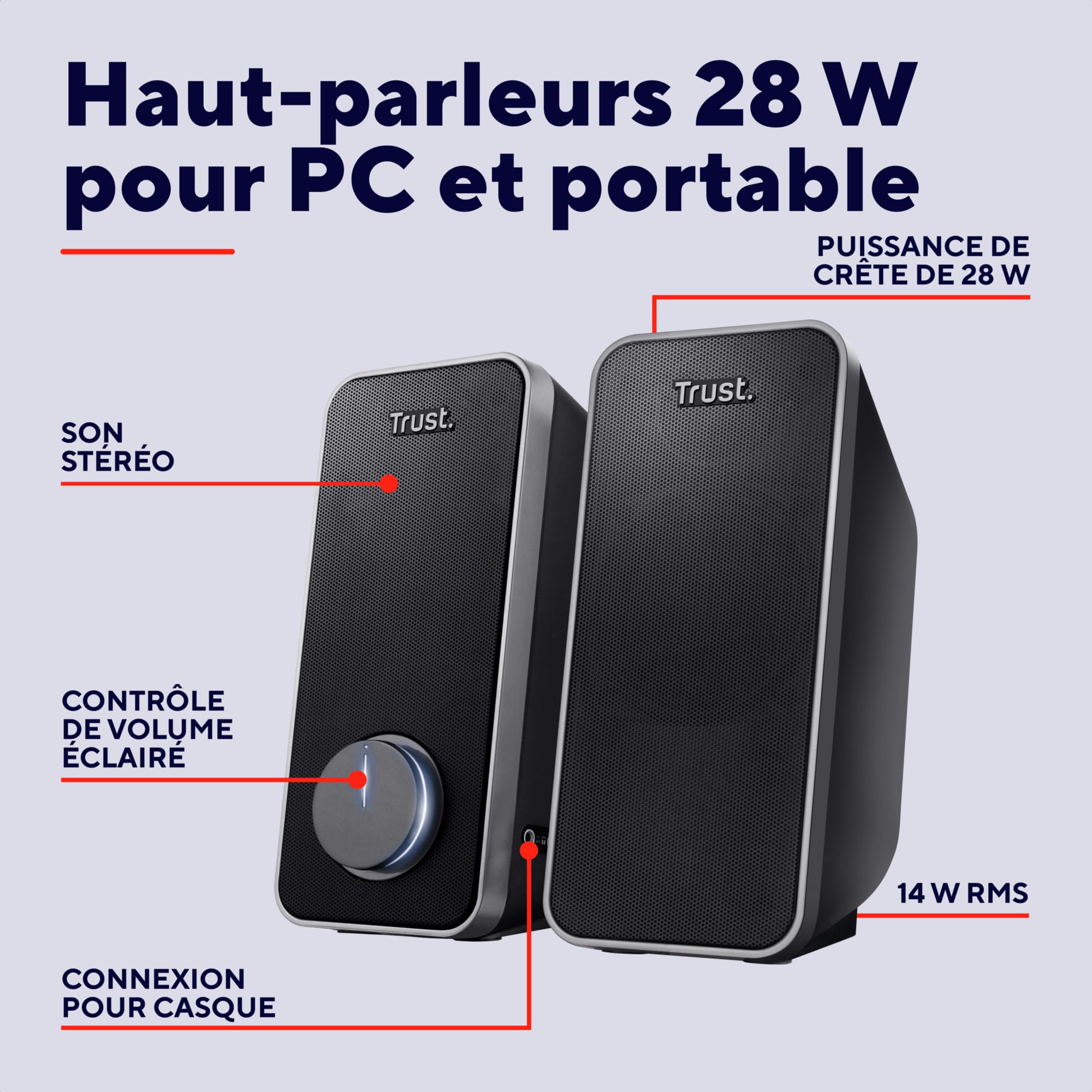 Trust Arys Enceinte PC 2.0 pour Ordinateur, Haut Parleur PC, 28 Watt, Jack 3,5 mm, Alimentation USB, pour Portable, Tablette, Smartphone - Noir
