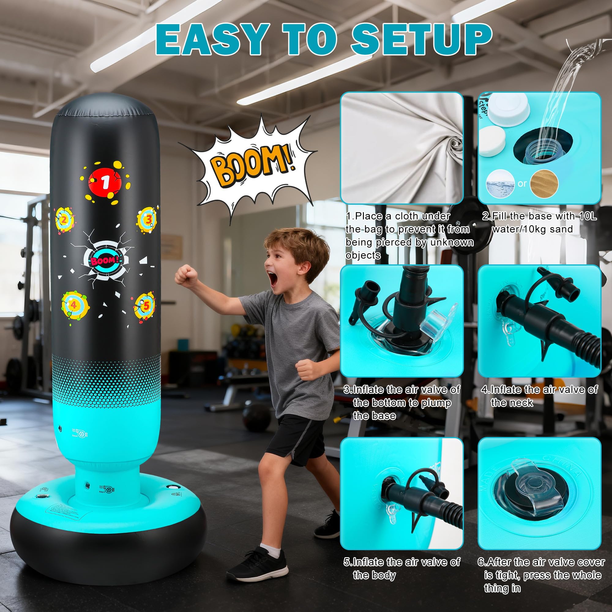 Sacco da Boxe Bambini con Guantoni da Boxe e Pompa 165cm Più Grandi e Stabili Dinosauri & Bersaglio da Colpire 2 in 1 Gonfiabile Sacco da Boxe da Terra Regali per Bambini Bambine 3-12 Anni