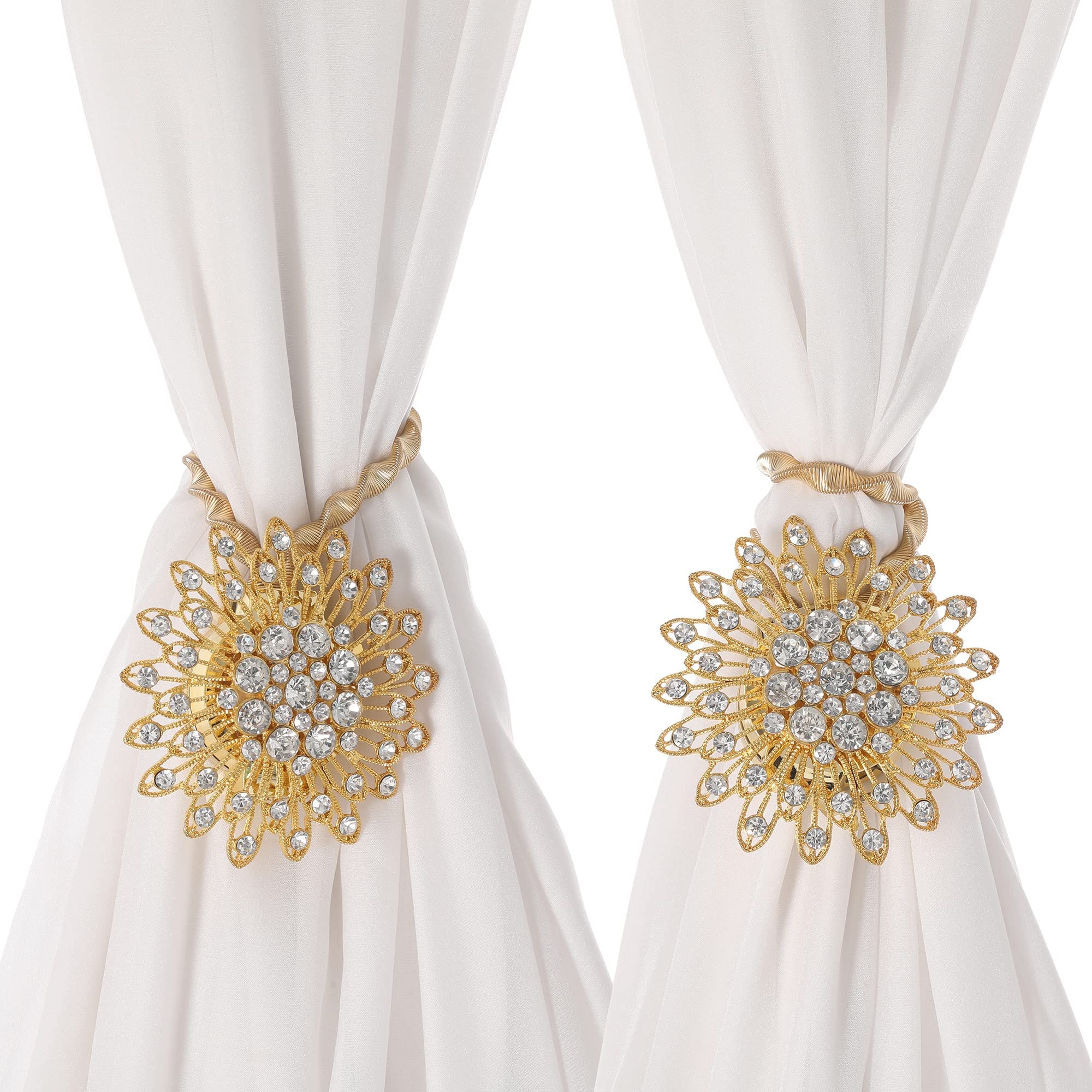 Magnetische Vorhang-Raffhalter Mit Glitzer-Blumen – Dehnbares Federdrahtseil, 2 Stück, Bronze – Kein Bohren Nötig!