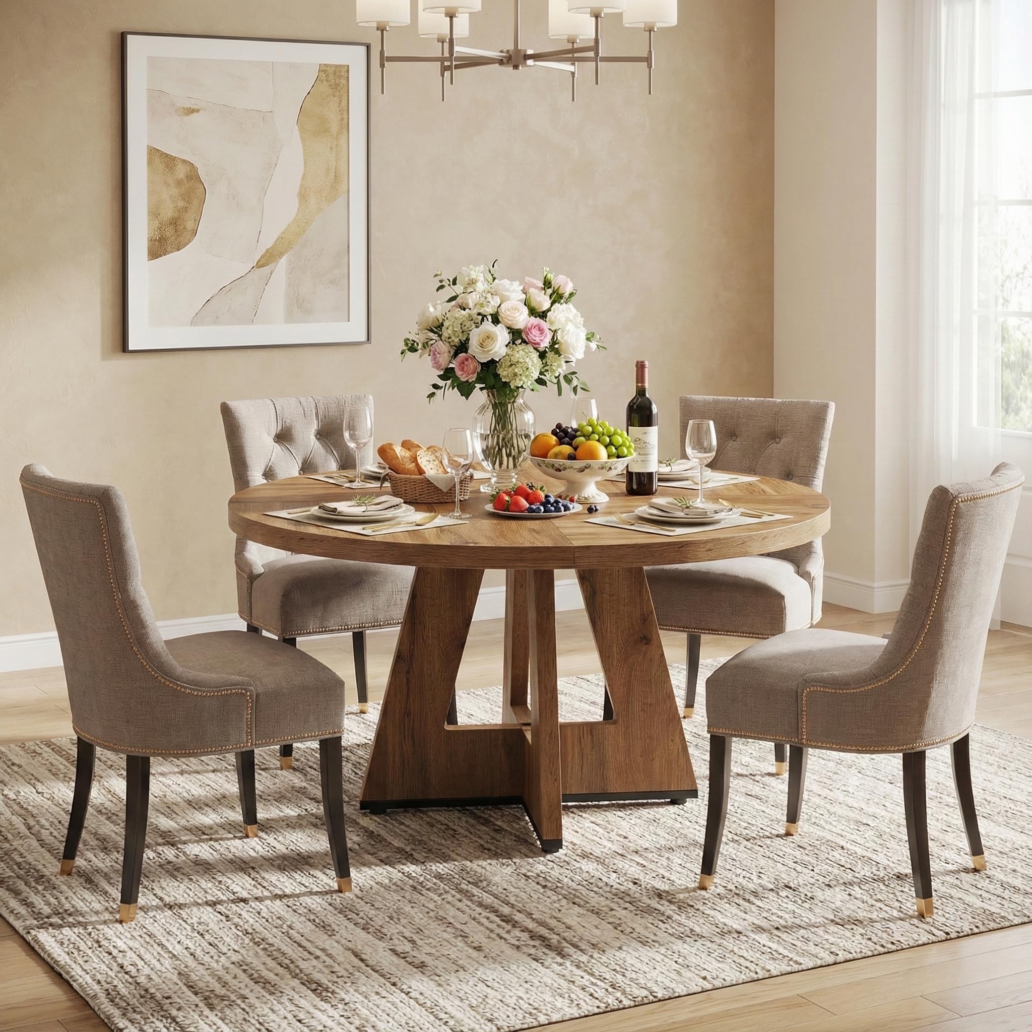 Lailang 120cm Mesa de Comedor, Mesa Redonda, Mesa de Cocina, Mesas Rusticas Comedor, Mesa para 4 Personas, 120 x 120 x 75 cm, Burlywood