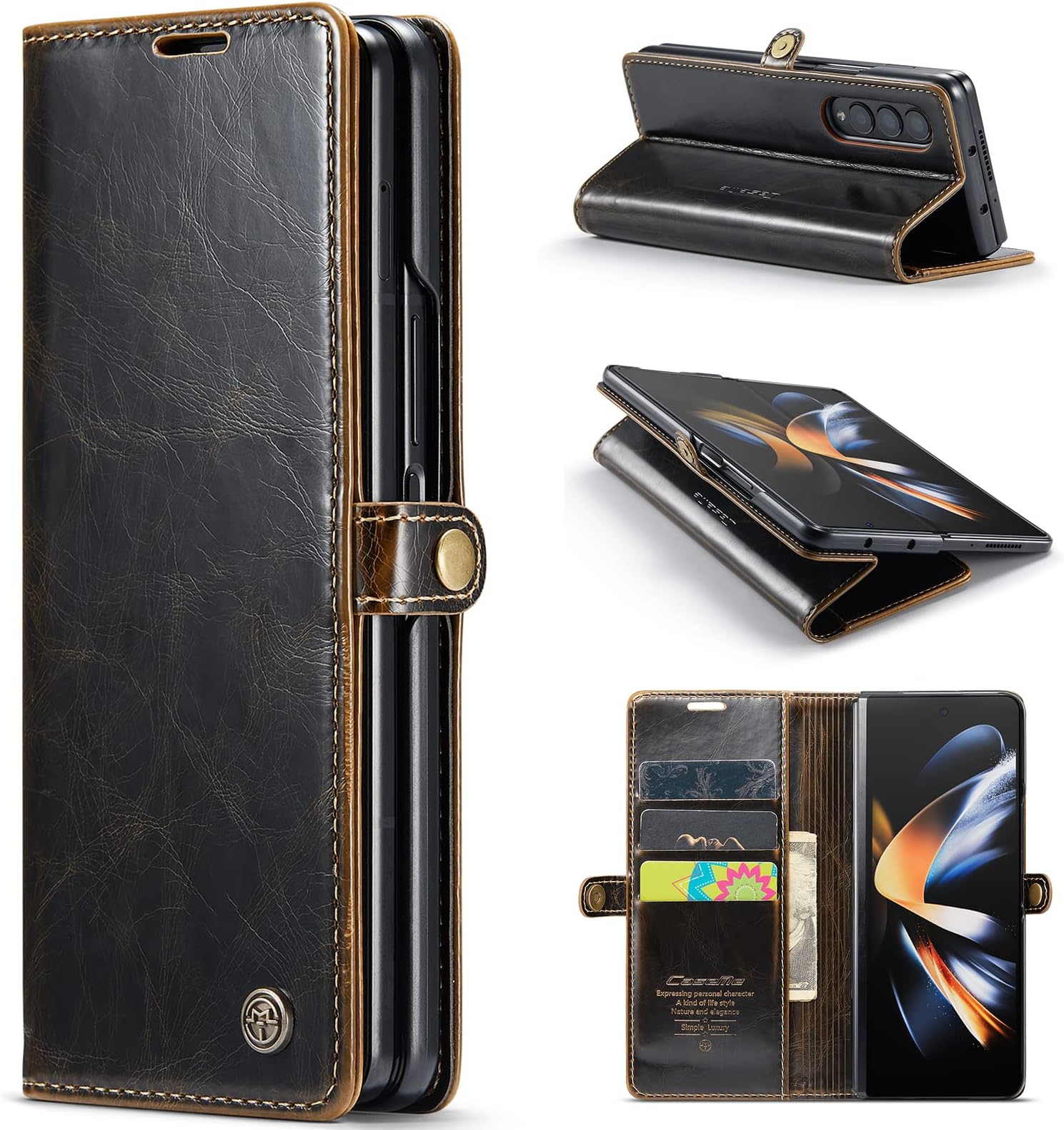 Design for Samsung Galaxy Z Fold4 Wallet Case with Magnetic Closure Kickstand Cover (Black Brown)