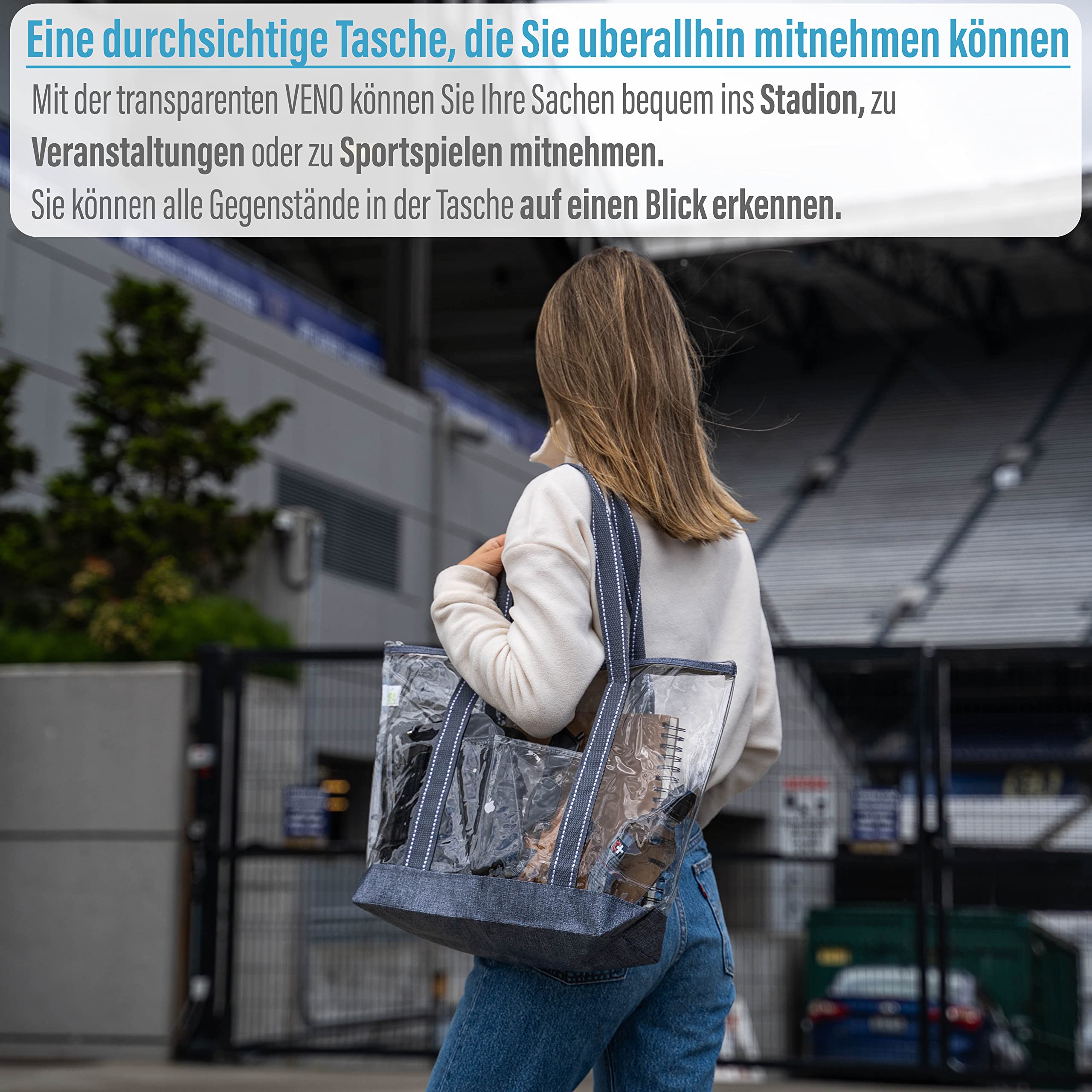VENO 2er Pack Durchsichtige Tasche mit Reißverschluss und Fronttasche, Wiederverwendbar Transparente PVC-Tasche für Arbeit Stadion Strand Pool Konzert Wasserpark Outdoor