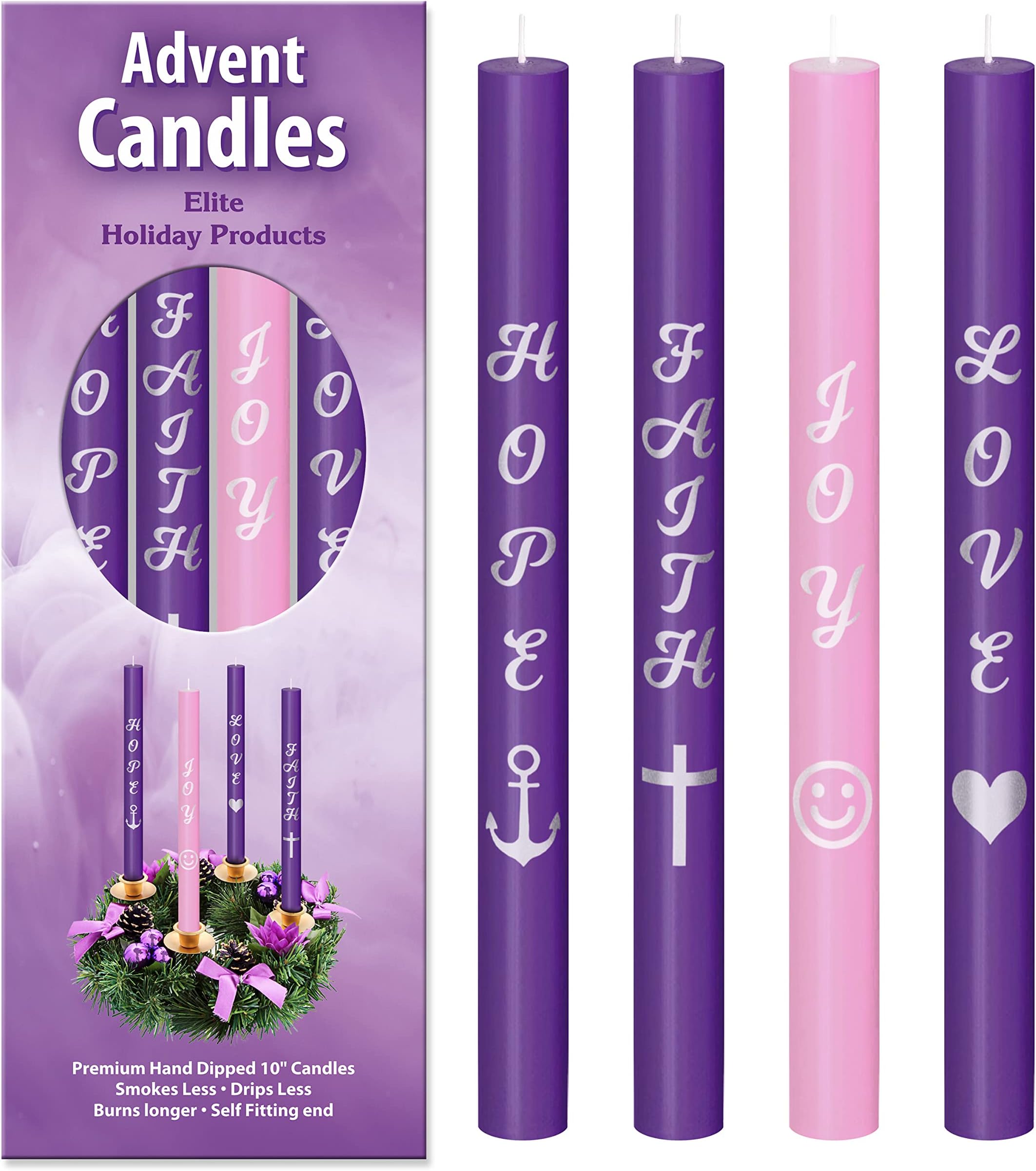 Advent Candles Set of 4 - Premium Printed Script Silver Letters & Pictures – Use with Advent Candle Holders, Advent Wreaths and Advent Rings - Dripless Taper Advent Candle for Christmas Church Décor
