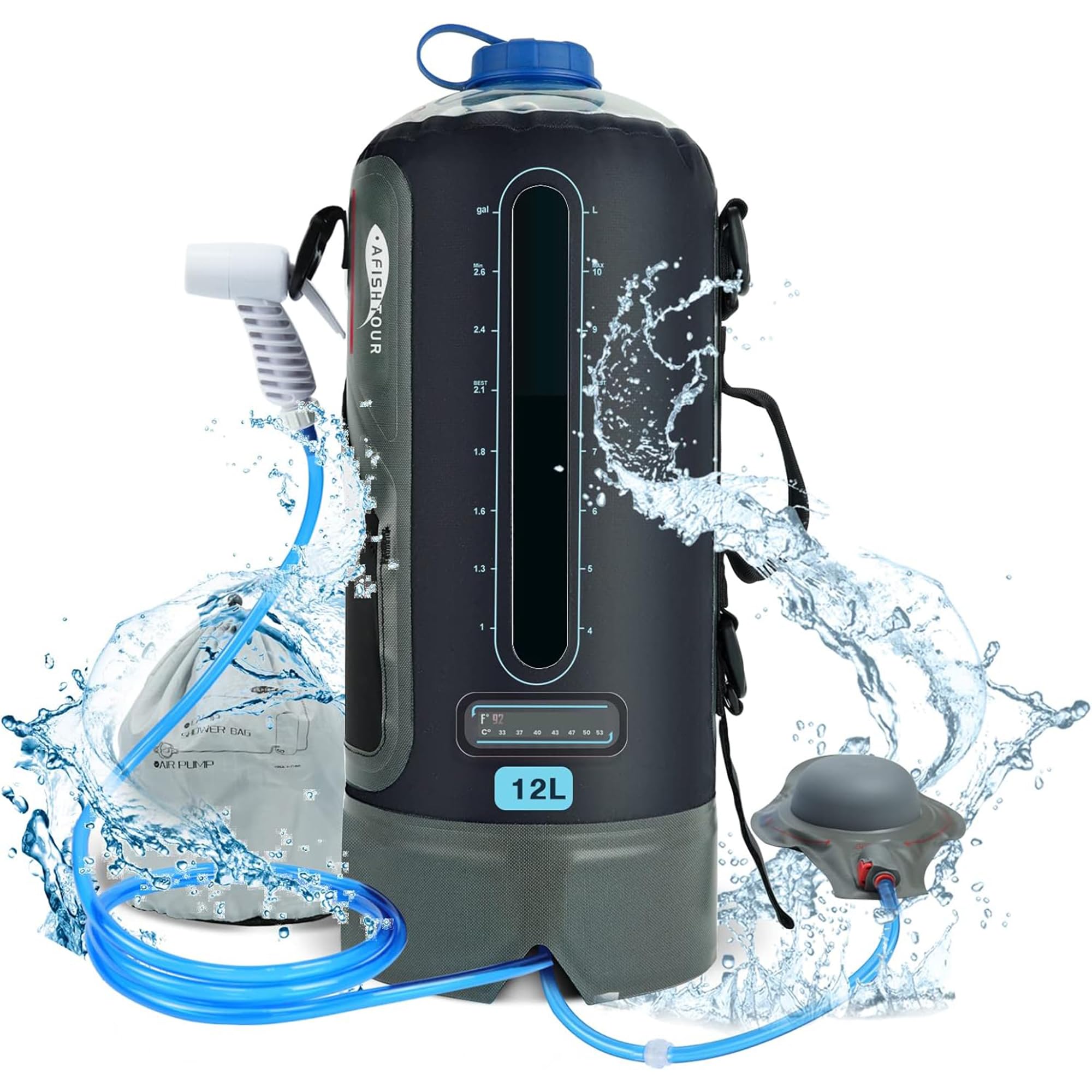 【AFISHTOUR 】携帯シャワ - ポータブルキャンプシャワ- 12L ソーラーシャワー水袋 フットポンプ＆シャワーヘッド付き - キャンプ、ビーチ、旅行、アウトドア活動用シャワー