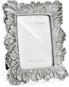 4x6 Silver Picture Frame, Vintage Silver Palm Leaves Textured Hand-Crafted Resin Frames with Glass Front, Elegant Retro Rustic Design Photo Frame for Wall and Tabletop Display Home Decor