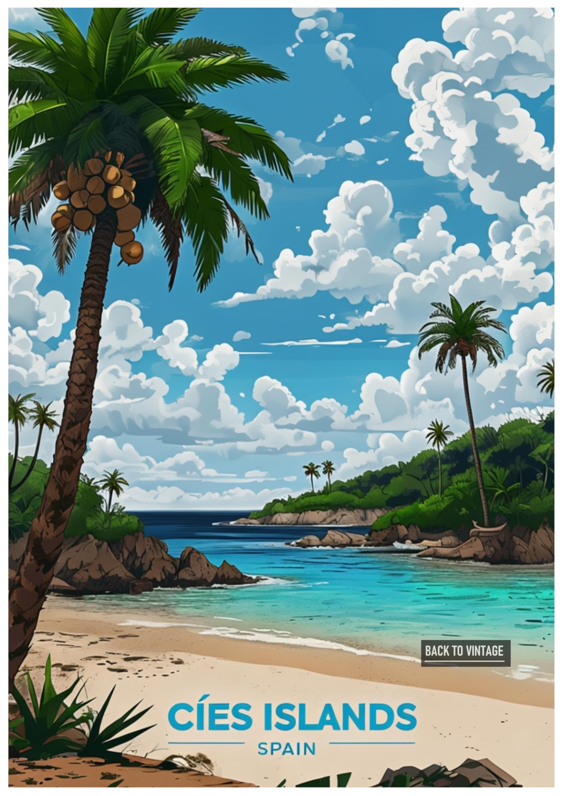 Vibrant Travel Poster Illustration Of Cies Islands Spain - Retro Europe Travel Poster A4 Size Vintage Wall Art Print of Famous European Destinations Ideal for Home or Office Decor