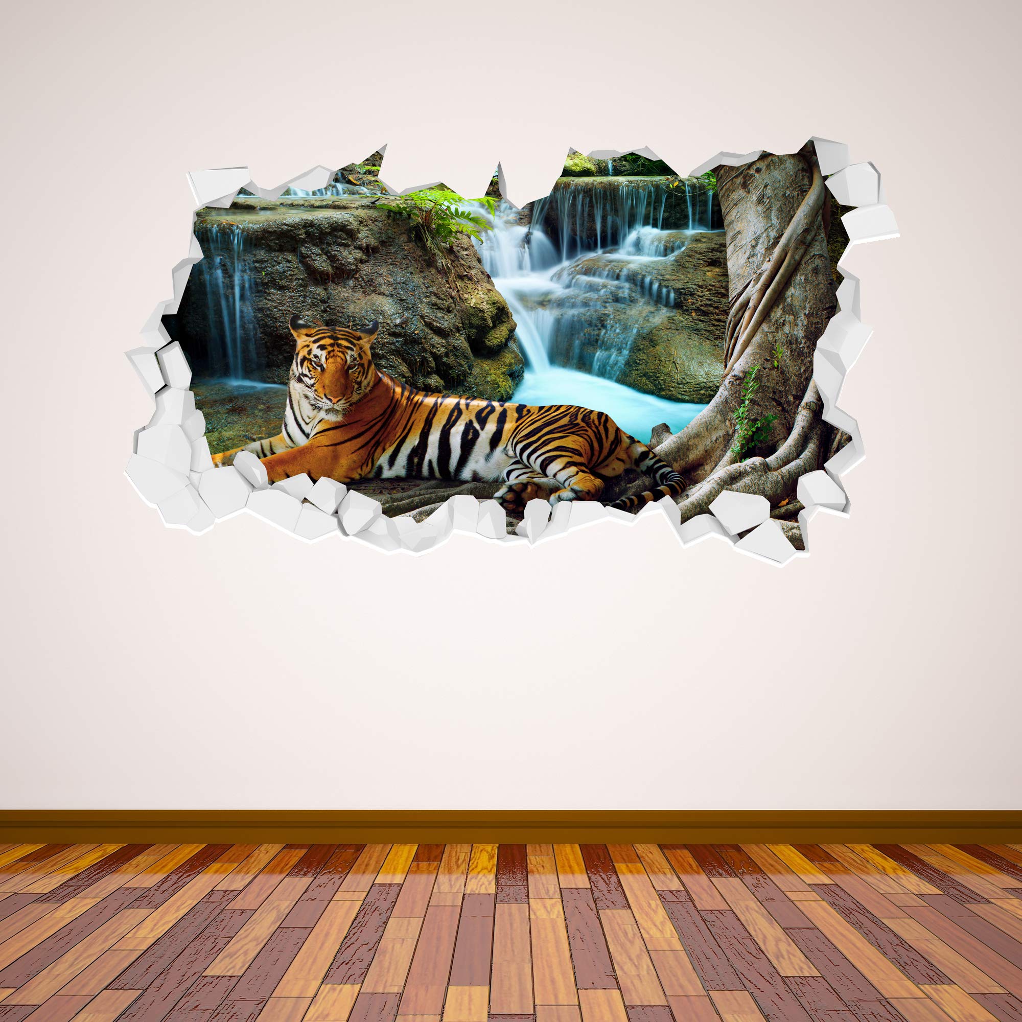 Beautiful Game Jungle Tiger and Waterfall Broken Wall Sticker Mural Home Art Vinyl Decal Forest Animal (90cm width x 45cm height)