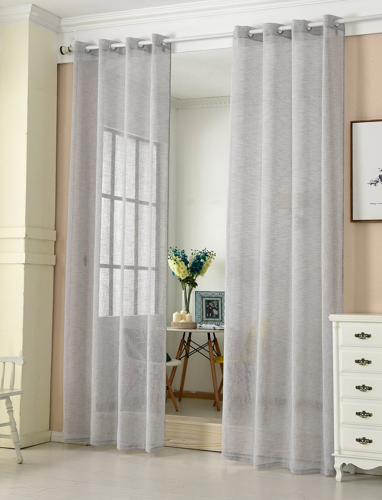 Laneetal Transparente Gardine mit Ösen, Ösenschal in Leinen-Optik, Dekoschal, Fensterschal für Schlafzimmer Kinderzimmer Küche, Vorhang Fenstervorhang Ösenvorhang, Hellgrau, 140x225 cm, 2 Stück