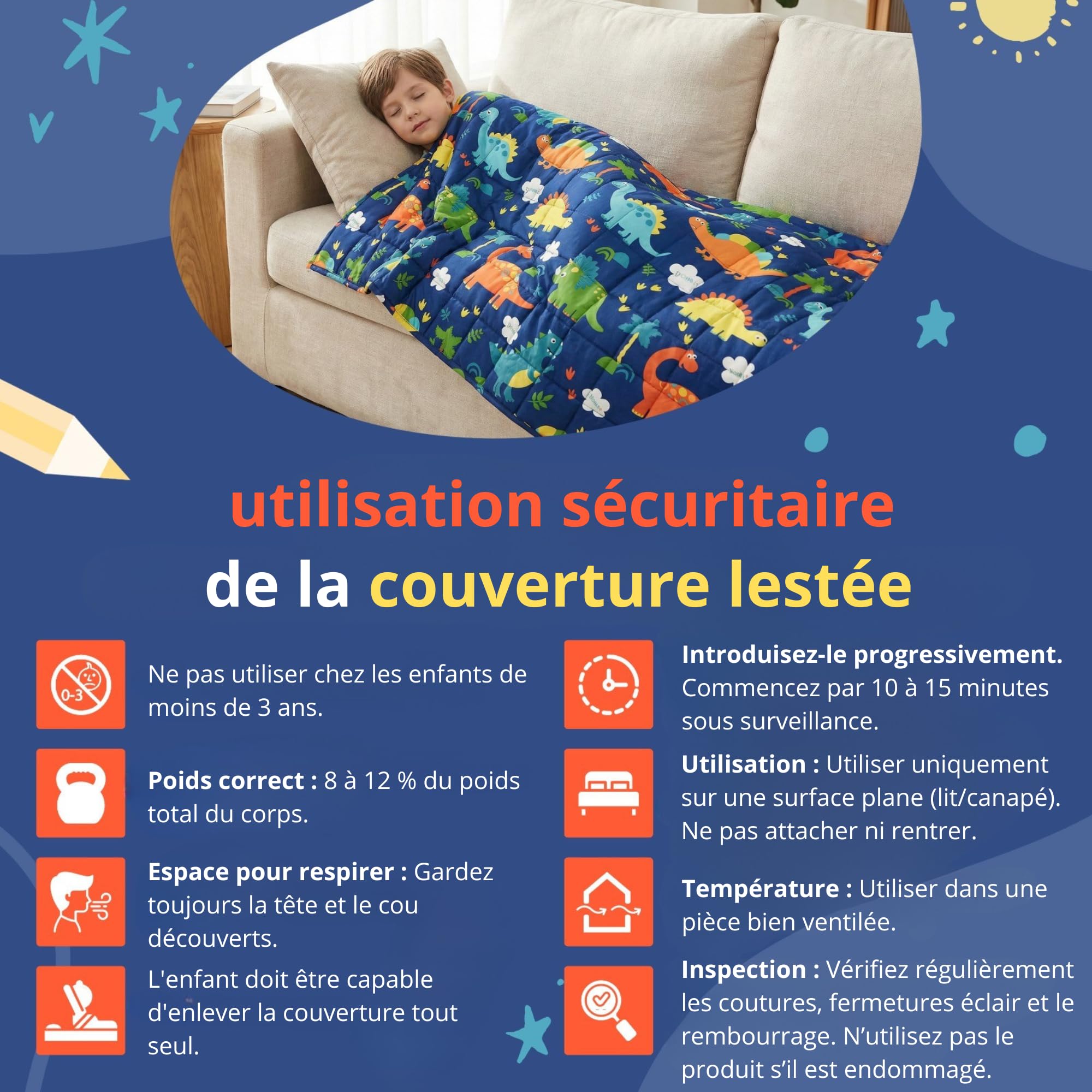 Vonia Couverture Lestée Enfant 3,2 kg Weighted Blanket - 104x152 cm Motif Dino, 100% Coton Respirant, Housse Amovible Lavable, Améliore Sommeil, Dès 3 Ans, Bleu