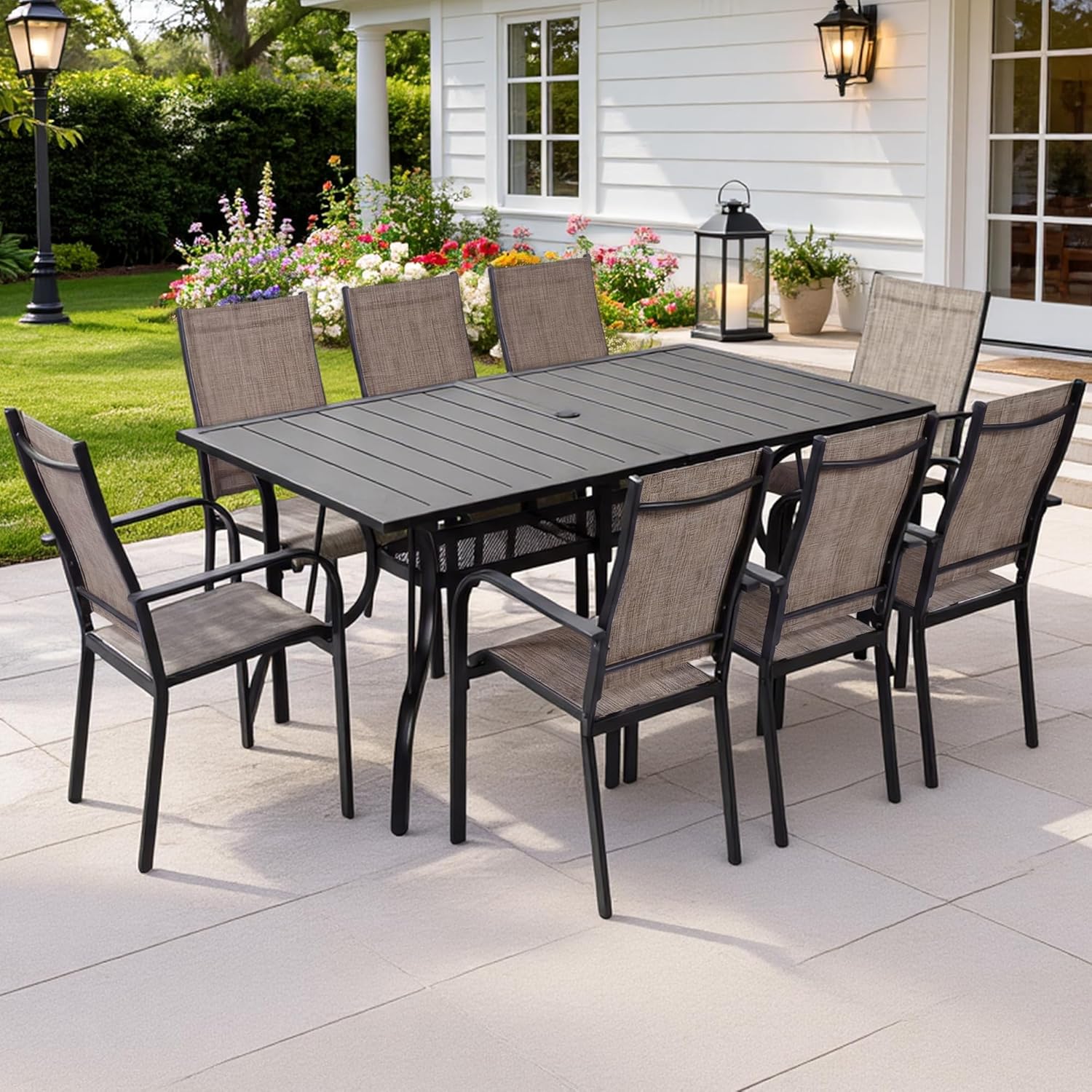 63"x38" Outdoor Dining Table for 6 Person, Metal Rectangle Patio Dining Table with Adjustable Umbrella Hole for Garden, Partitioned Storage Shelf, Backyard and Porch, Black