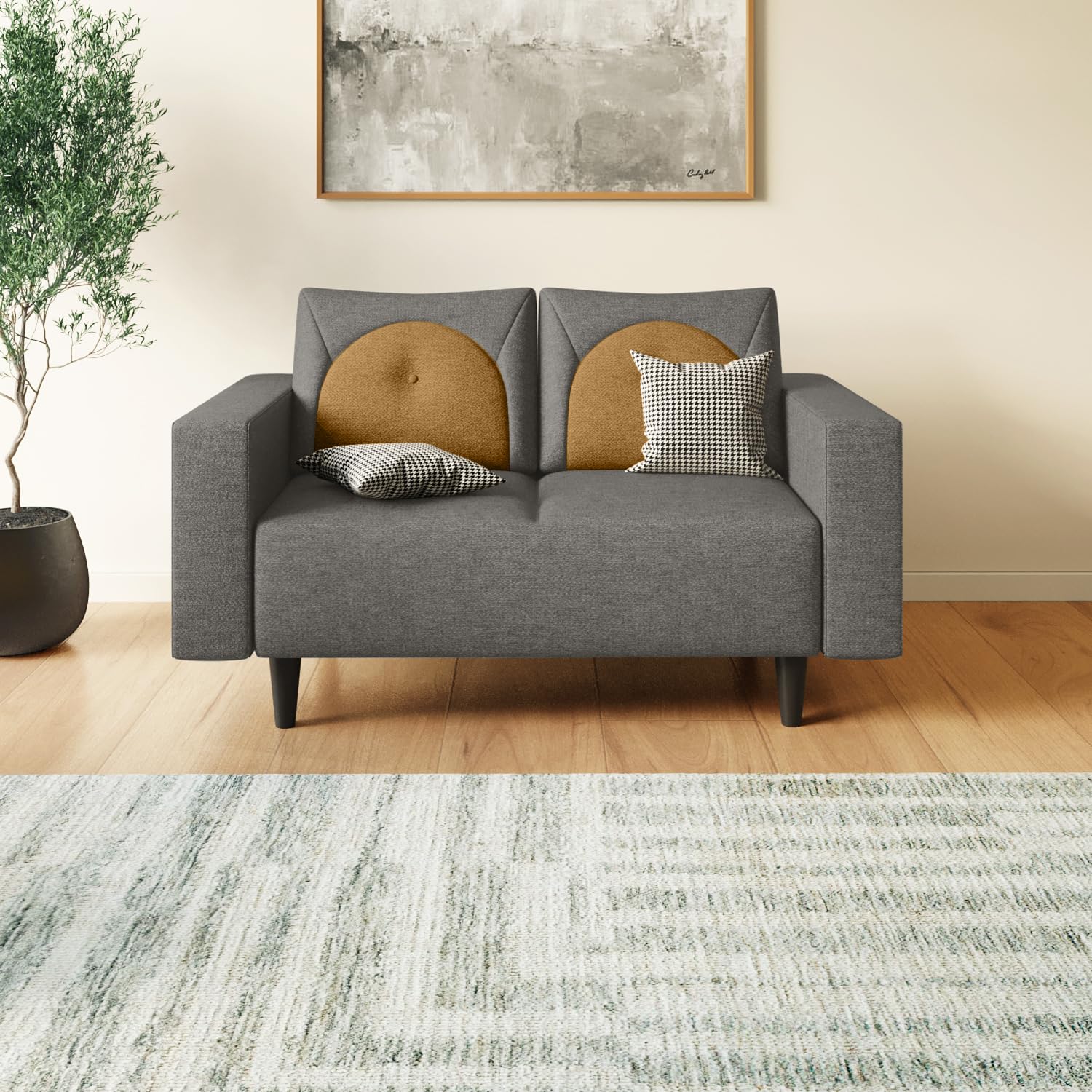 Interio by Godrej Windle 2-Seater Fabric Sofa | 3-Year Warranty, Solid Wood, Taupe and Camel