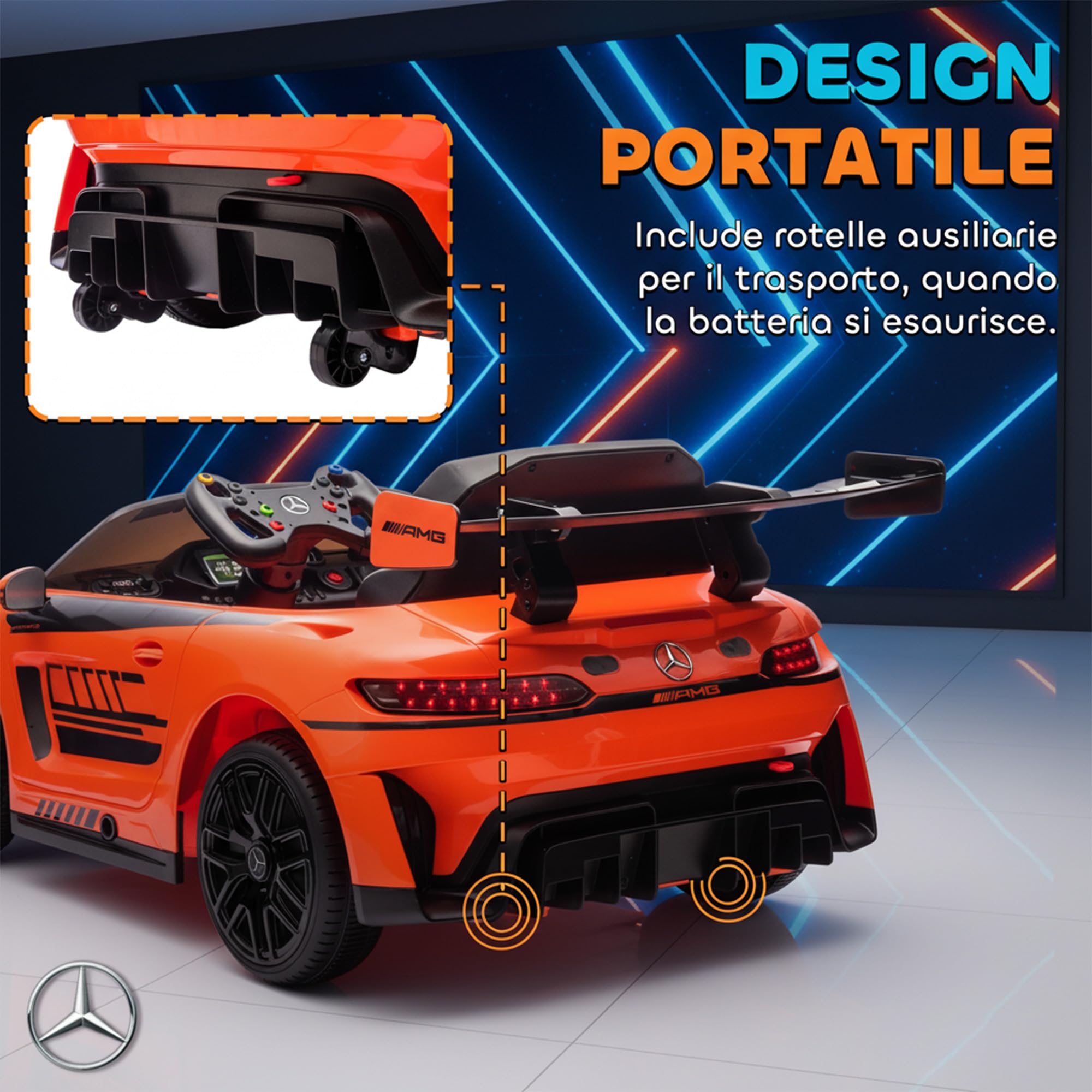 AIYAPLAY Macchina Elettrica per Bambini Mercedes-AMG GT3, 12V Auto Elettrica per Bambini 3-8 Anni con 2 Motori, Telecomando, Luci LED, Musica Wireless, Maniglia e Rotelle di Trasporto, Arancione