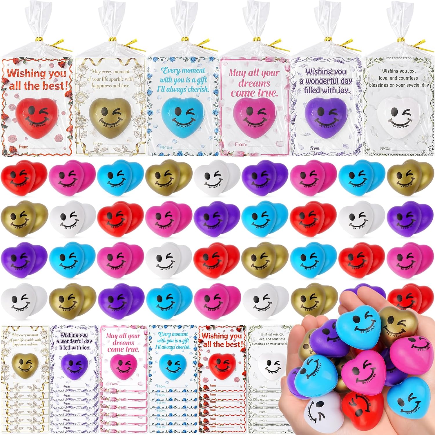 Tiaxidex Stress Balls, Heart Stress Balls for Adults & Kids, Mini Stress Balls, 36 PCS Stress Ball with Cards, Classroom Stress Relief Gifts, Anxiety Relief Fidget Toys, Student Prizes, Party Favors
