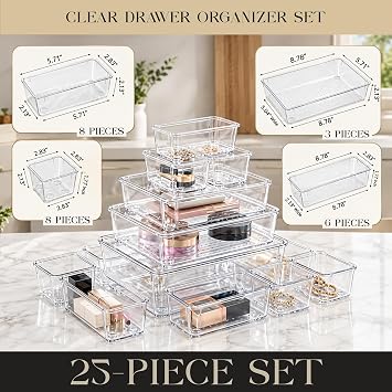 KICHLY Clear Makeup Drawer Organiser Set, 25 Pieces, 4 Sizes