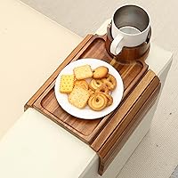 Vista 8 de Bandeja para portavasos de sofá, mesa de madera de acacia con soporte para teléfono, bandeja plegable grande para sofá para mesa de aperitivos