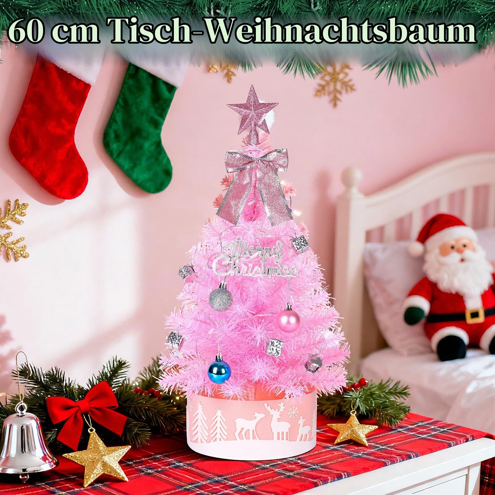 60cm Pinker Künstlicher Weihnachtsbaum mit Bunten LED-Lichtern - DIY-Deko-Set inkl. Sternspitze, Schleife, Baumrock, Trommeln & Geschenkboxen - Rosa Tischbaum für Mädchenzimmer & Homeoffice