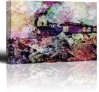 wall26 - Watercolor Train with Smoke Charging Through deser Landscape - Old Locomotive and Passenger Cars Plumes of Smoke - Canvas Art Home Art - 24x36 inches