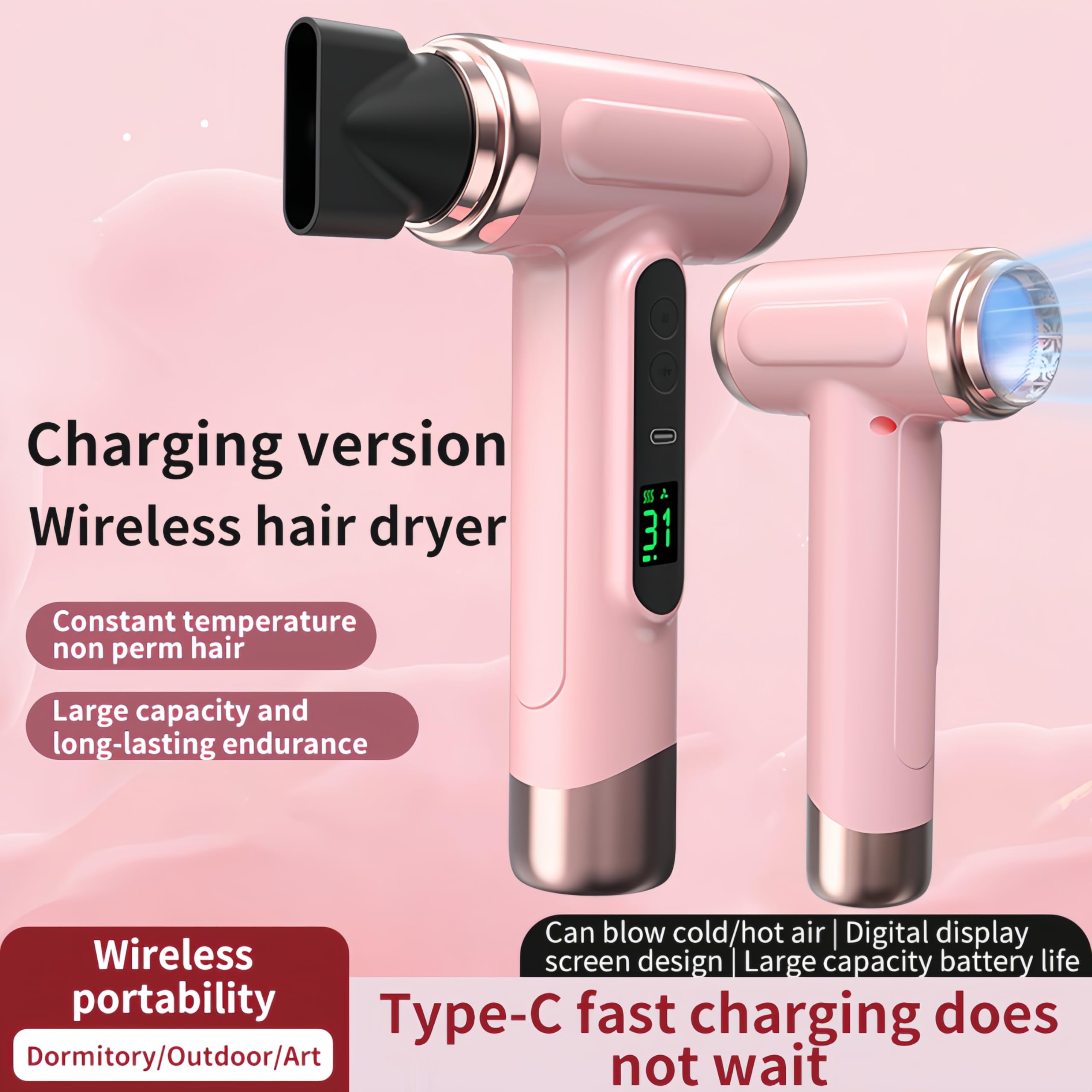 Bewinner Pro Reisefön - 3 Geschwindigkeiten & 3 Temperaturen Kabelloser Fön mit 15000mAh Tragbarer Haartrockner mit Digitalem Bildschirm für Frauen Camping, Rosa