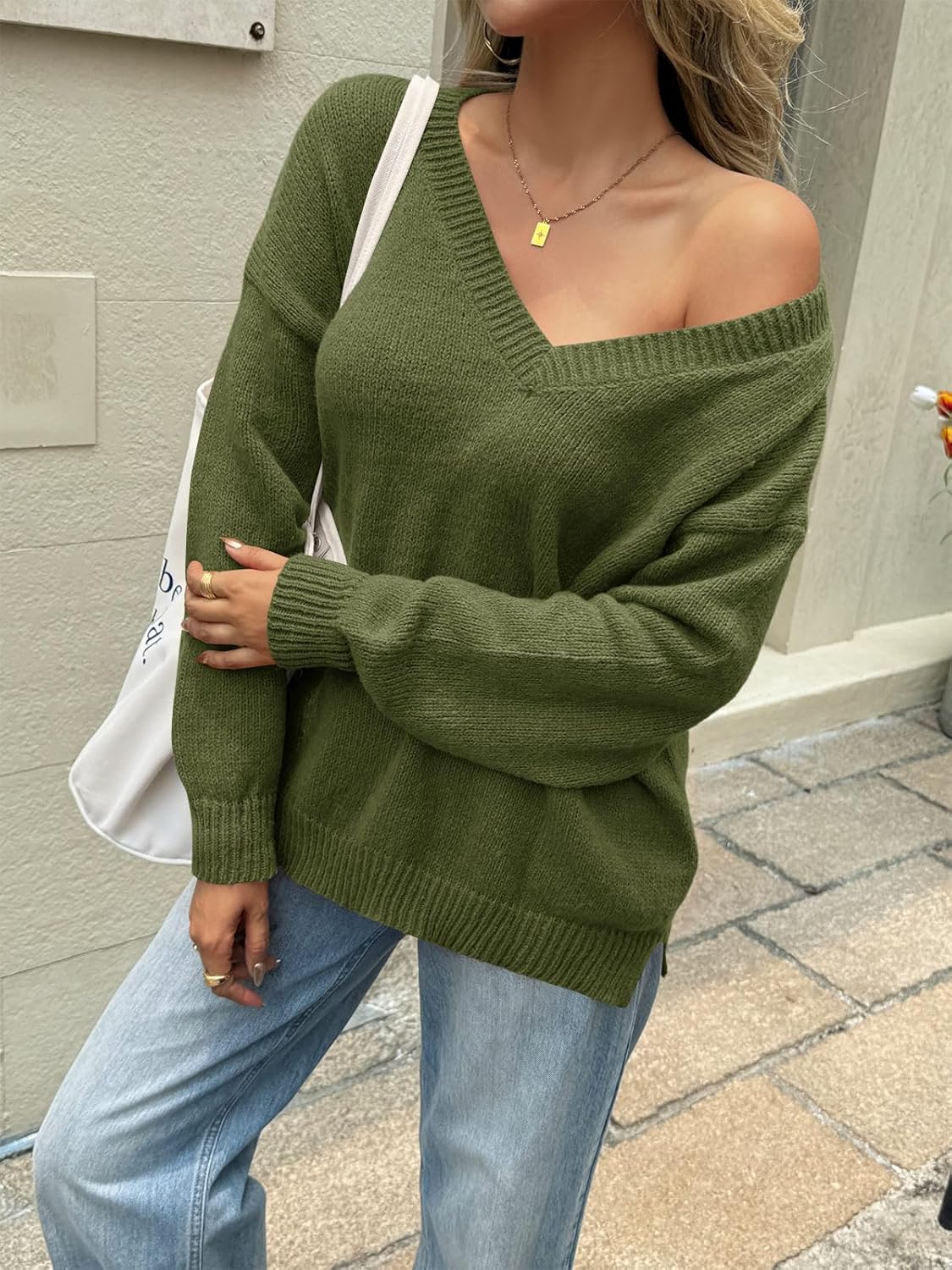 Yousify Womens Fall V Neck Sweaters Casual Knit Long Sleeve Loose Fit Pullover Sweater Tops - Image 3