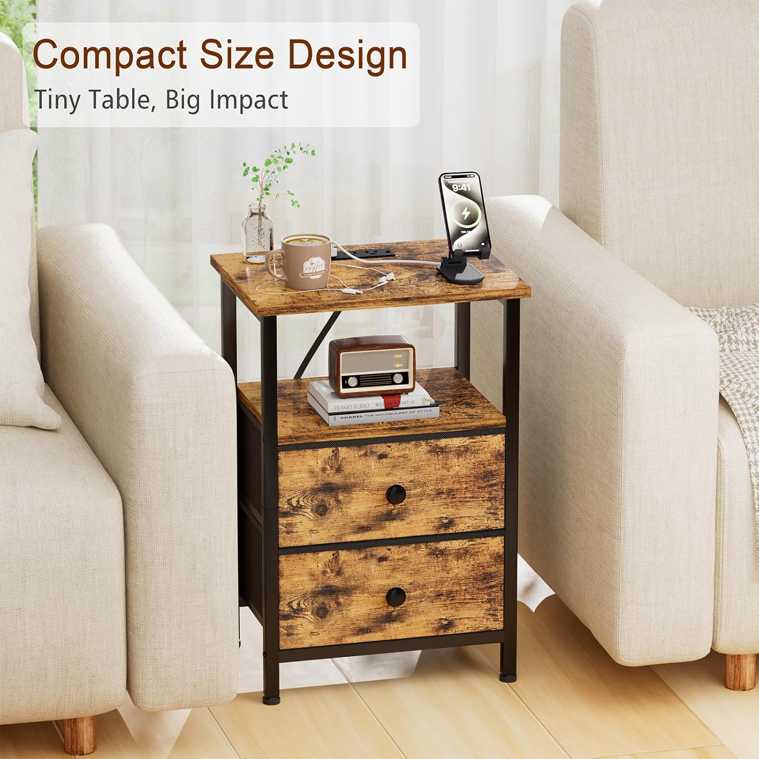 Night Stand, Nightstand with Charging Station, End Table with Storage 2 Fabric Drawers for Bedroom, Small Bed Side Table with USB Ports and Outlets for Living Room, Brown, HETS020BR-1